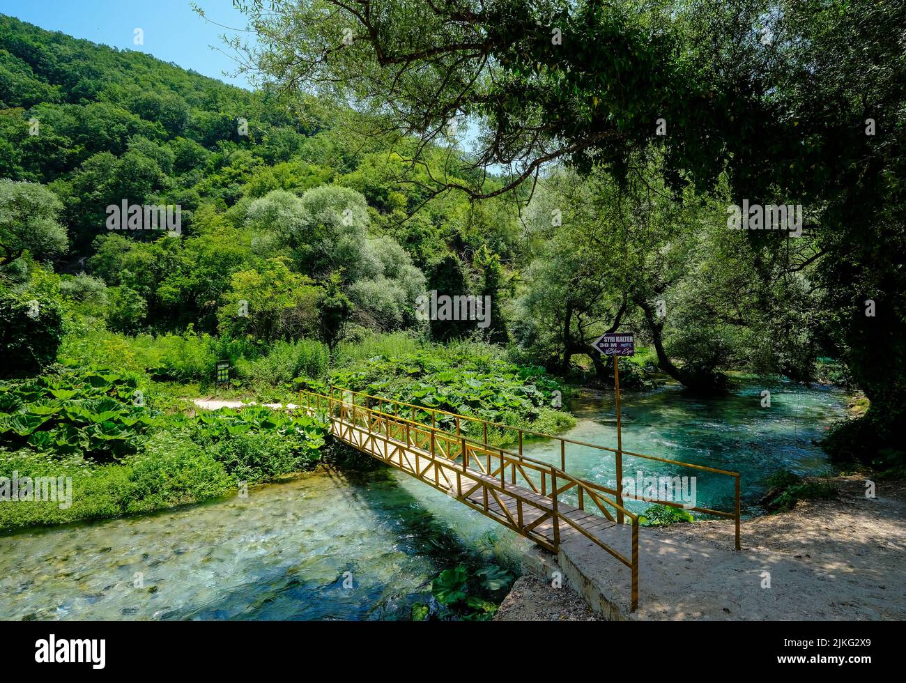 29.06.2022, Albania, Muzina, Muzina - Syri i Kaltër, BLUE EYE, is the most abundant water source in the country with 6 m /s. The water comes out from Stock Photo