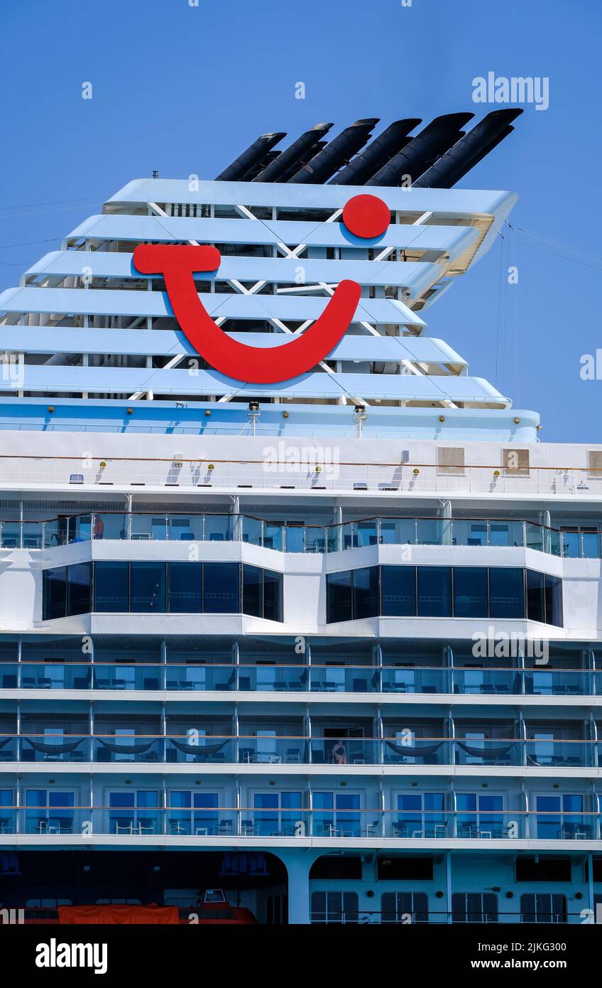 01.07.2022, Greece, Corfu, Corfu - TUI cruise ship Marella Explorer is moored in the port of Corfu. The 262 meter long ship has a mass of 9,900 tons. Stock Photo