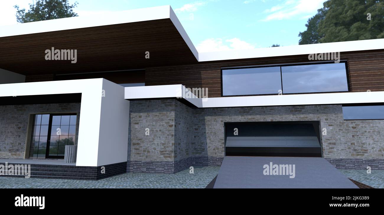 Entrance to the garage and porch of a modern luxury home. Facade finish slate. Steel lifting doors. 3d render. Stock Photo
