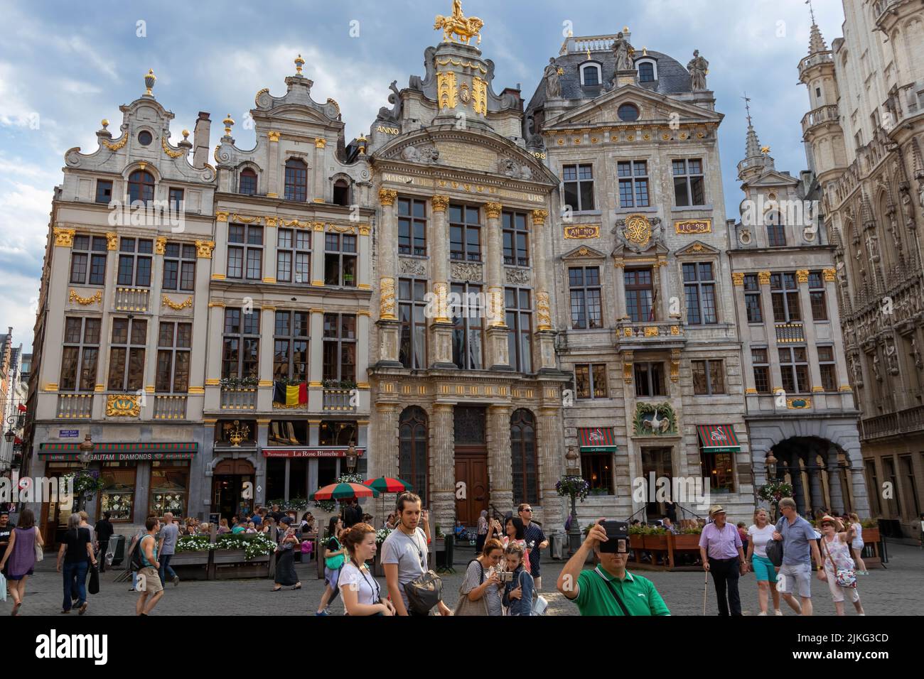 Brussels, Belgium - July 16, 2018: The Maison des Brasseurs (The House of Brewers, center) and  Mount Tabor (leftmost) at the Grand Place Stock Photo
