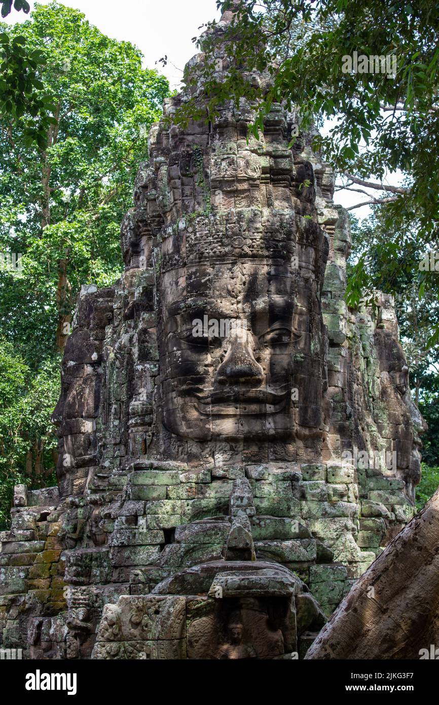 A vertical shot of a memorial with a face in Angkor Wat temple, Siem Reap, Cambodia Stock Photo