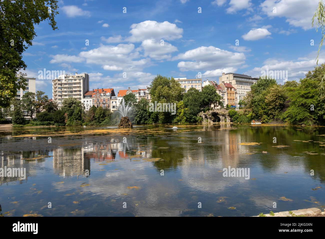 Marie Louise Square, a city park with a pond and fountain in Brussels, Belgium Stock Photo