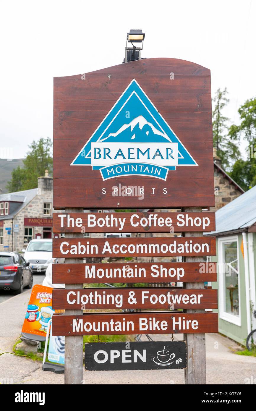 Braemar village in Scotland and mountain outdoor shops and bike hire,Scotland,UK,Europe Stock Photo