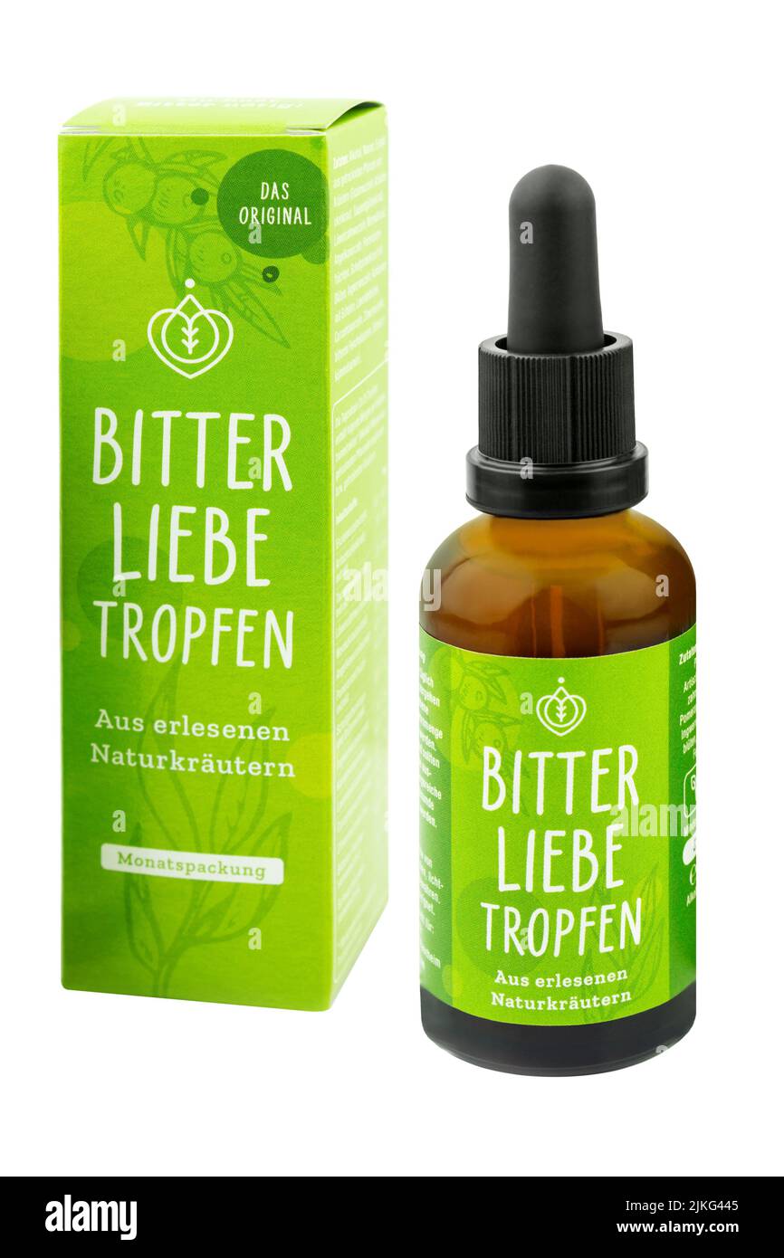 Hamburg, Germany -  July 30  2022: German Bitterliebe Tropfen original with bottle and package isolated on white background Stock Photo