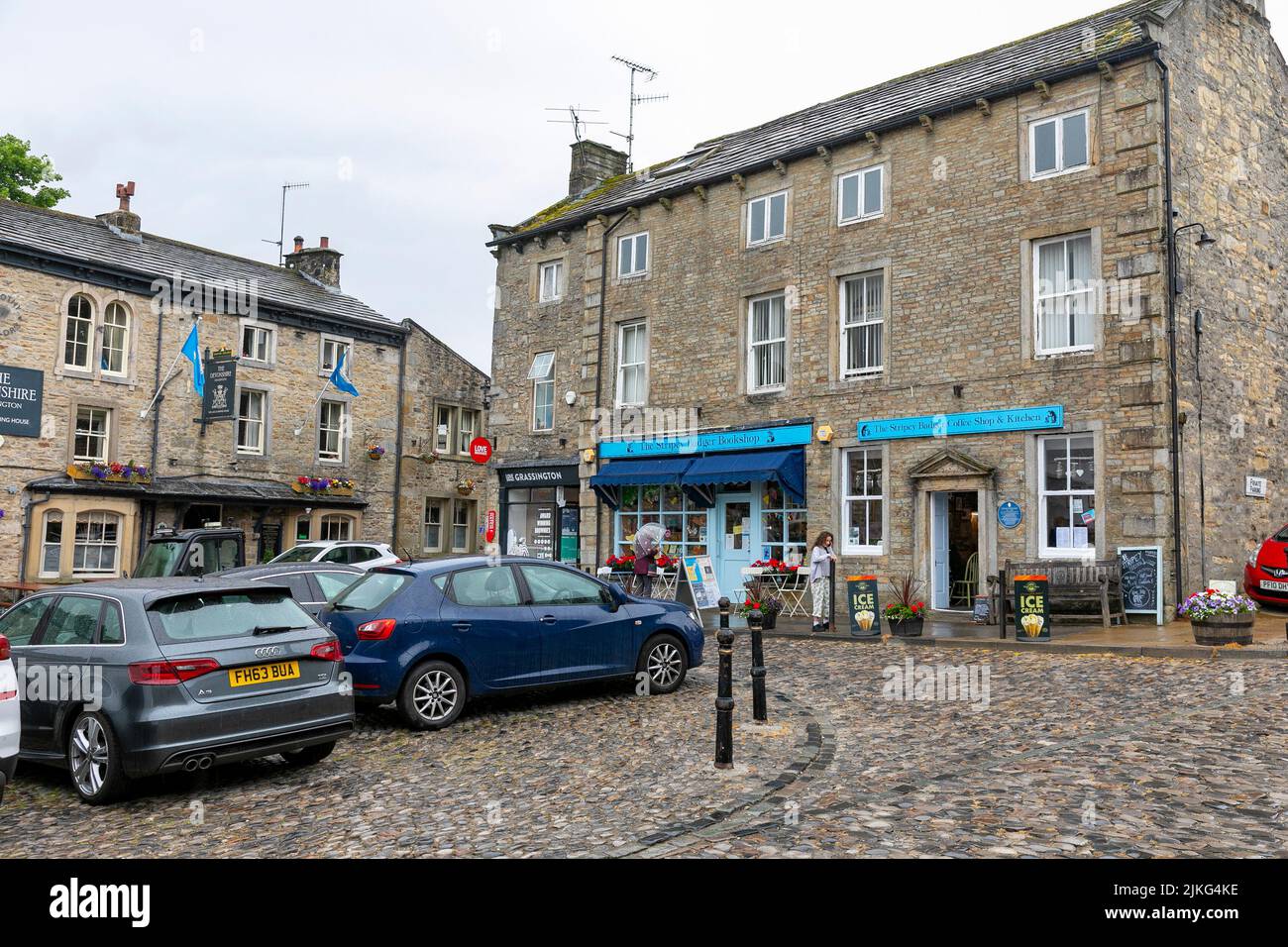 Grassington village in the Yorkshire Dales national park, wet summer day 2022,Yorkshire,England,UK Stock Photo