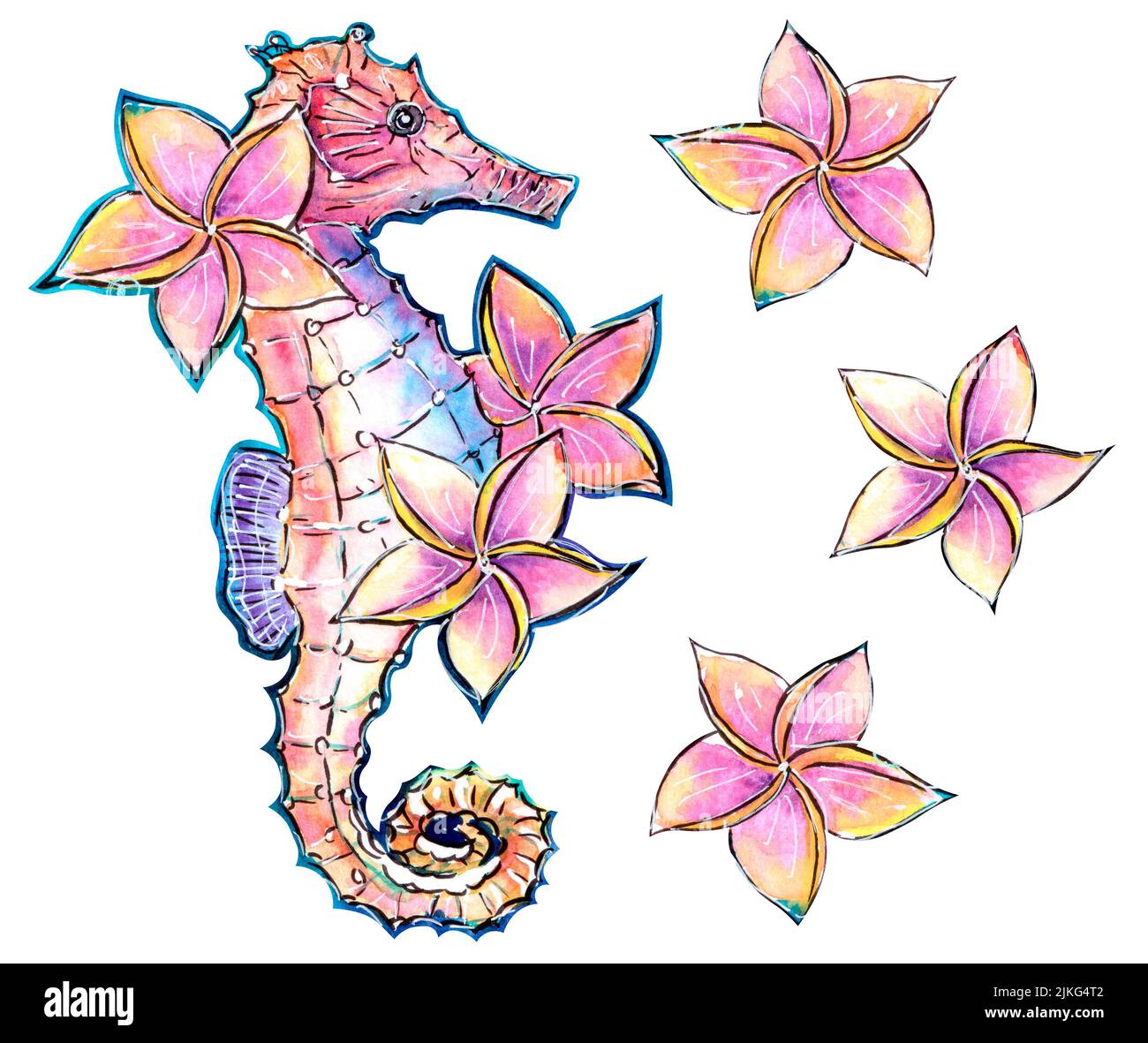 Seahorse painted in watercolor with tropical flowers isolated on a white background. It is ideal for the design of postcards, pictures, postcards, ban Stock Photo