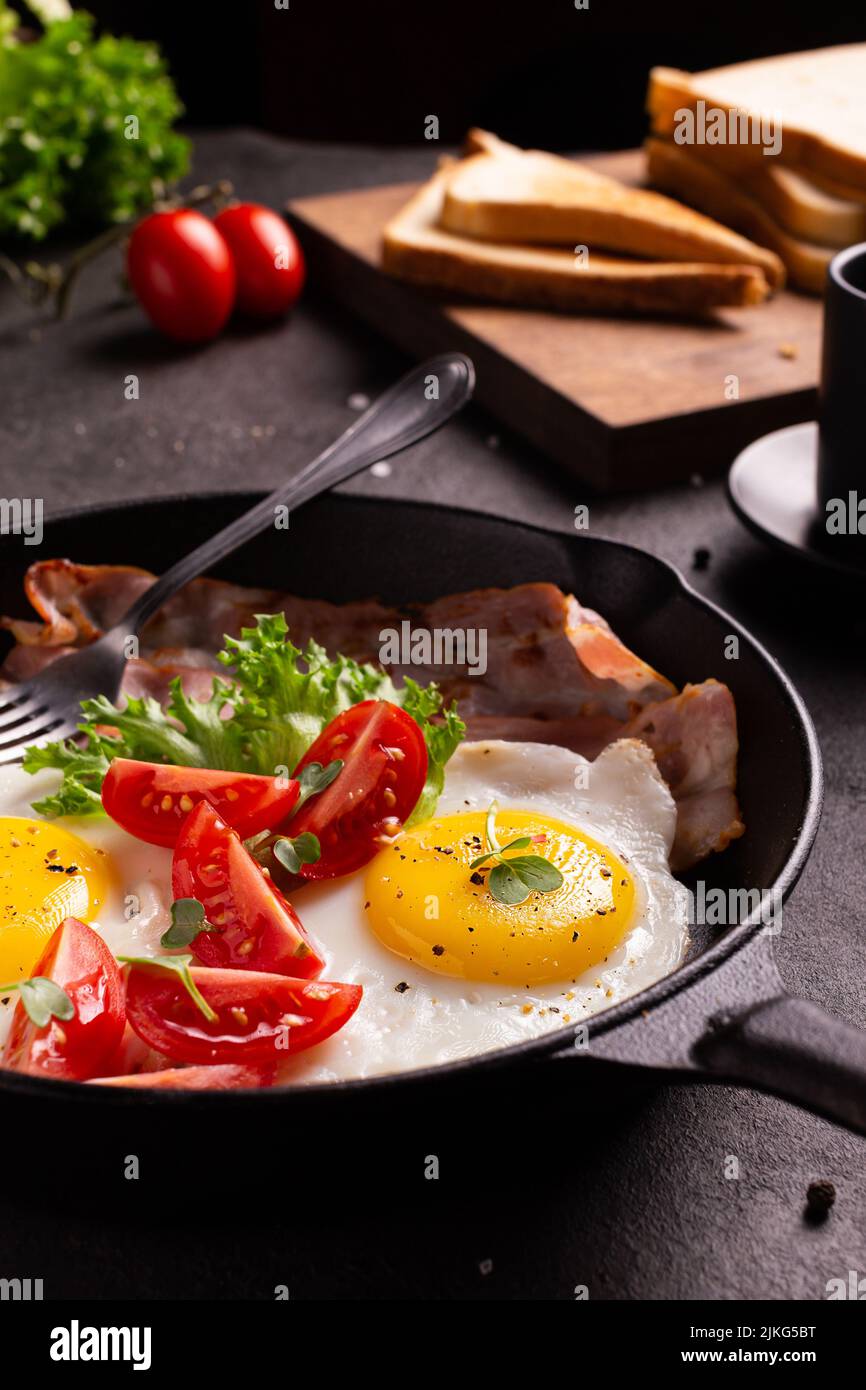 American breakfast with eggs and bacon Stock Photo