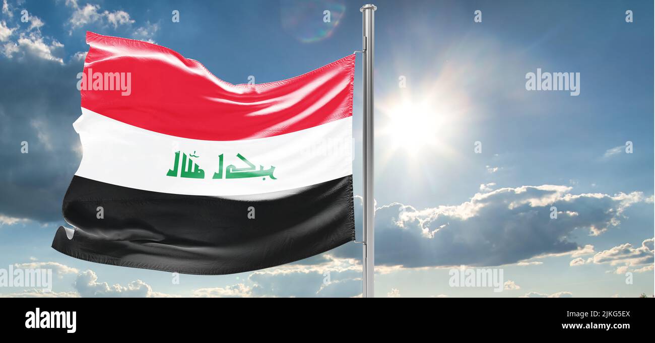 Flag of Iraq translate “God is the greatest”The flag of Iraq includes the three equal horizontal red, white, and black stripes of the Arab Liberation Stock Photo