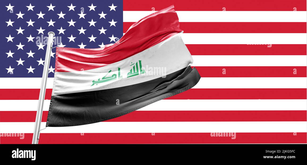 Flag of Iraq translate “God is the greatest”The flag of Iraq includes the three equal horizontal red, white, and black stripes of the Arab Liberation Stock Photo