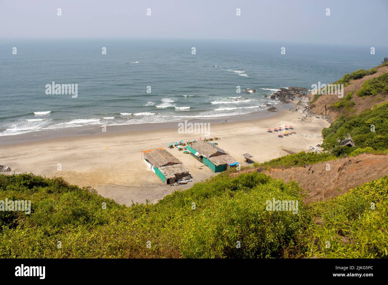 Chapora Beach and shacks aerial view, near Chapora Fort, North Goa, India Stock Photo