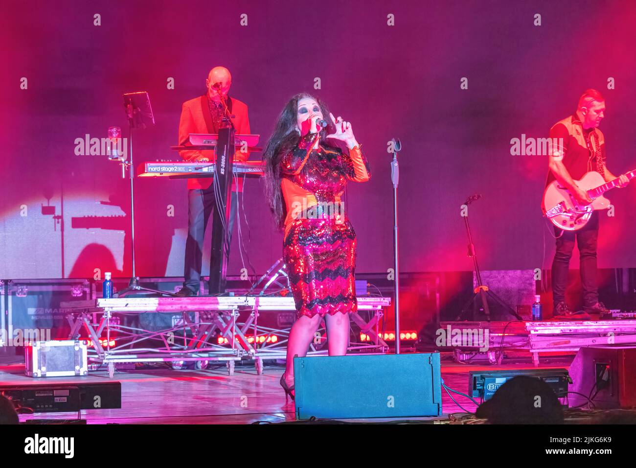 Huelva, Spain - August 1, 2022: The singer Alaska (Olvido Gara Jova) with the band Fangoria in a concert at the Huelva Colombian festival Stock Photo