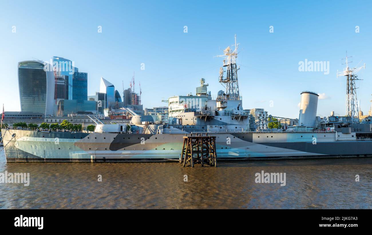 HMS Belfast a Town-class light cruiser moored on the River Thames, London, as a museum ship operated by Imperial War Museum. Stock Photo