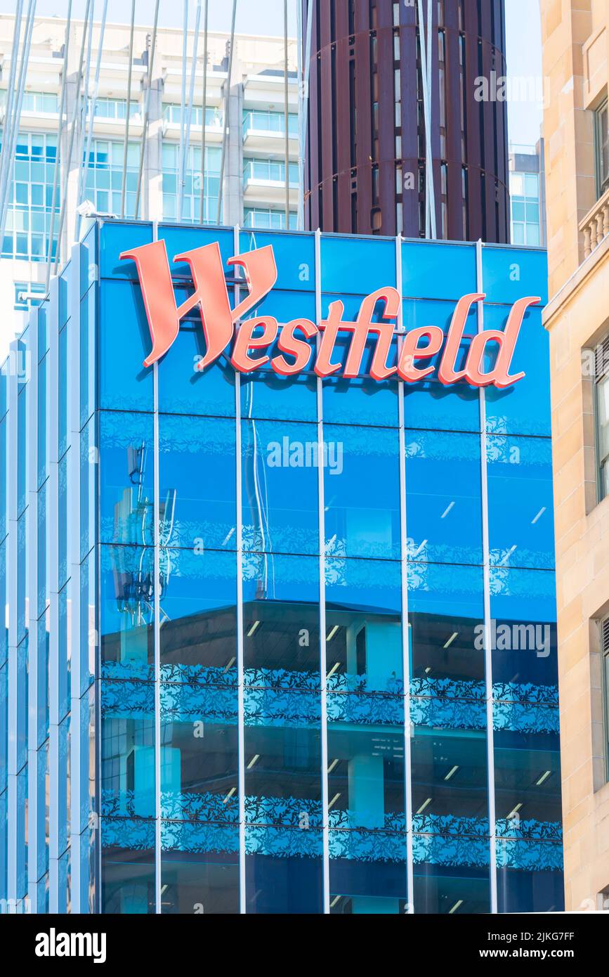 The logo of the former Westfield Group, now Scentre Group, on the side of its Sydney Tower shopping complex in Sydney City, Australia Stock Photo