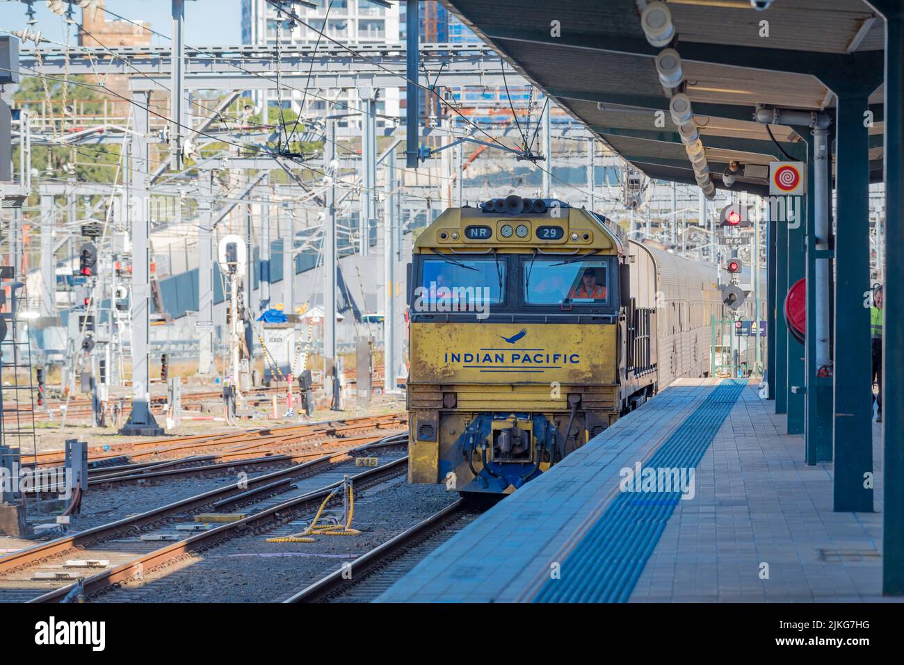 The Indian Pacific train arriving at Central Station in Sydney after travelling 4352 kilometers on its regular journey from Perth, Western Australia Stock Photo