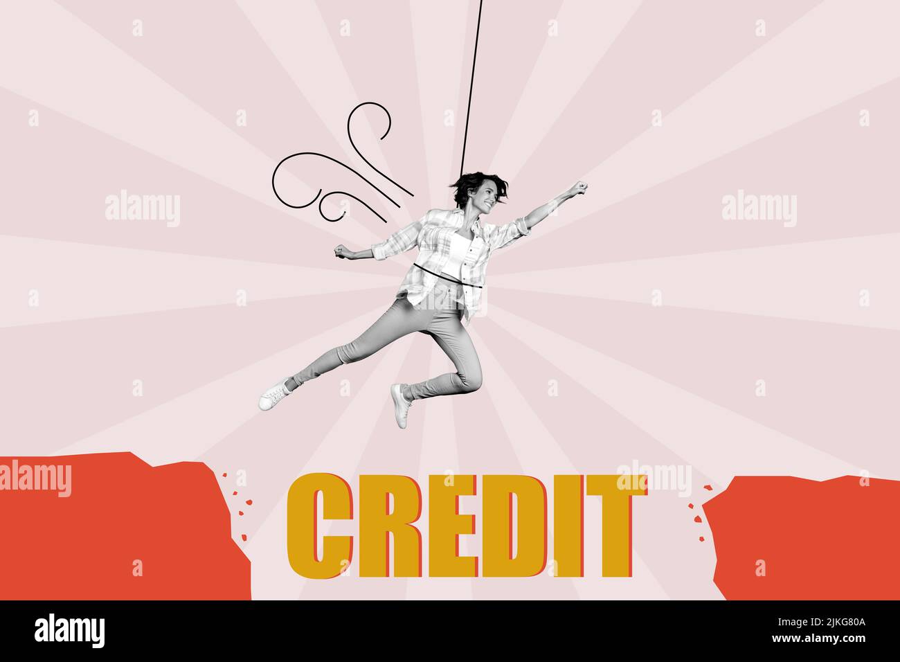 Flying Ropes Girl Creative collage illustration of excited crazy girl black white colors ...