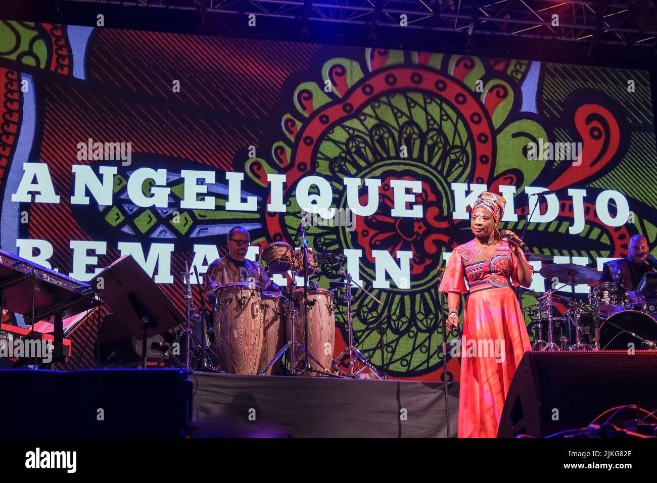 Angelique Kidjo performing on stage during the 40th Anniversary of the WOMAD Festival,Charlton Park, Malmesbury, England. July 30, 2022 Stock Photo
