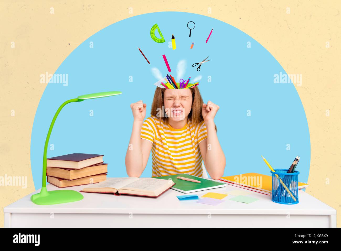 Collage of unsatisfied angry girl study desktop flying stationery ...