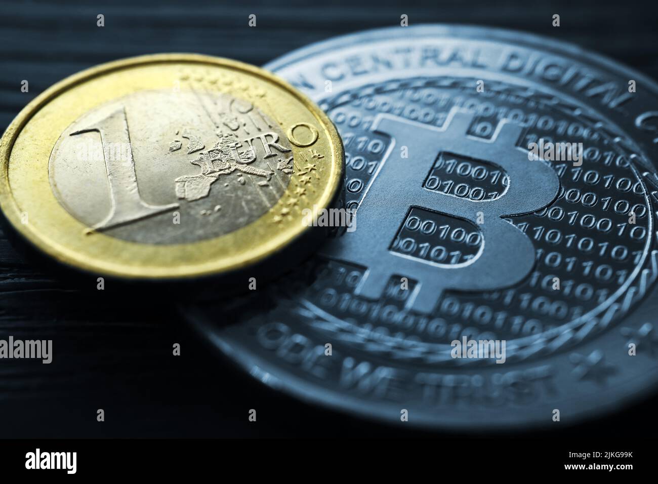 Euro Coin And Bitcoin Coin, Crypto Currency Stock Photo