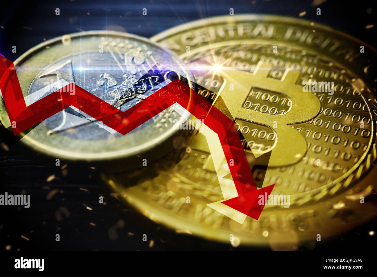 Euro Coin On Bitcoin Coin And Falling Curve Stock Photo