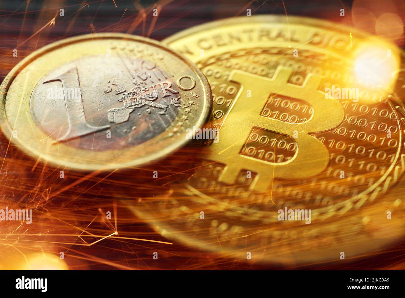 Euro Coin And Bitcoin Coin, Crypto Currency Stock Photo