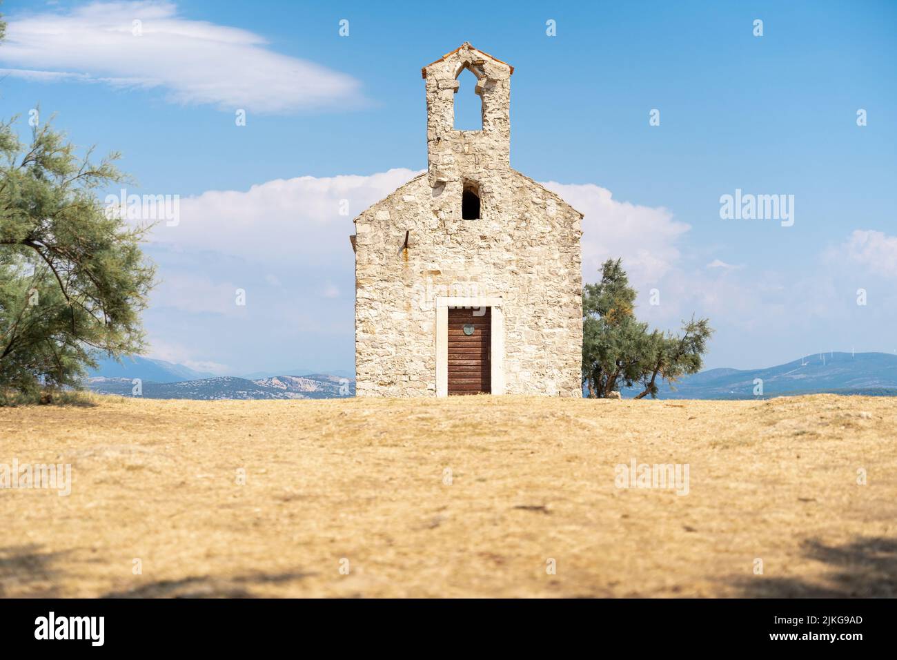 Sveti Duh Small Stone Chapel, Church On A Small Island In Posedarje In Croatia Stock Photo