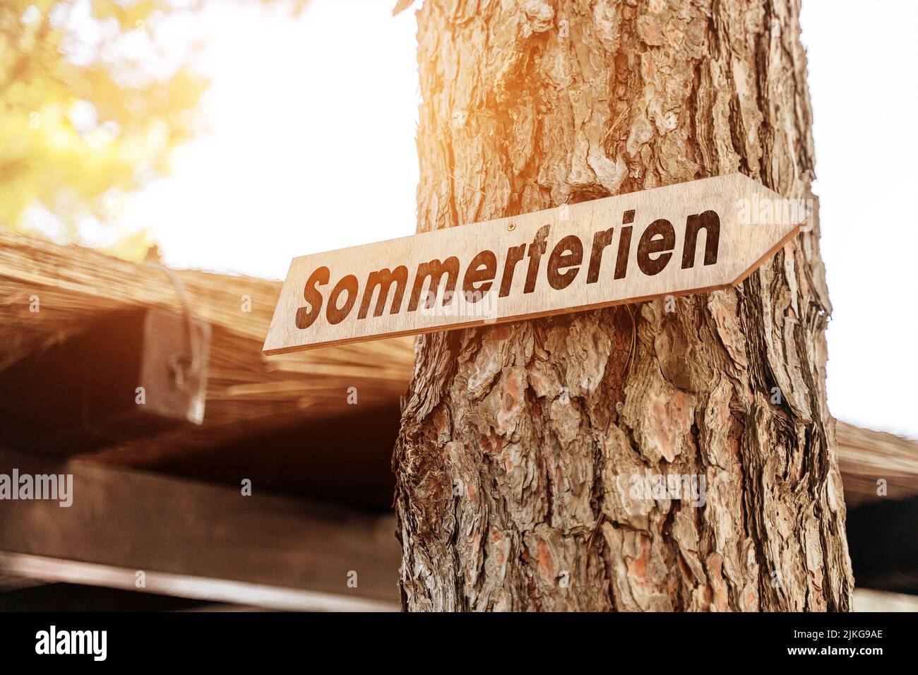 30 July 2022: Signpost Sign On A Tree With The Inscription: Summer Vacations, Vacations And Vacation In The Summer, Kindergarten And School Closed PHO Stock Photo
