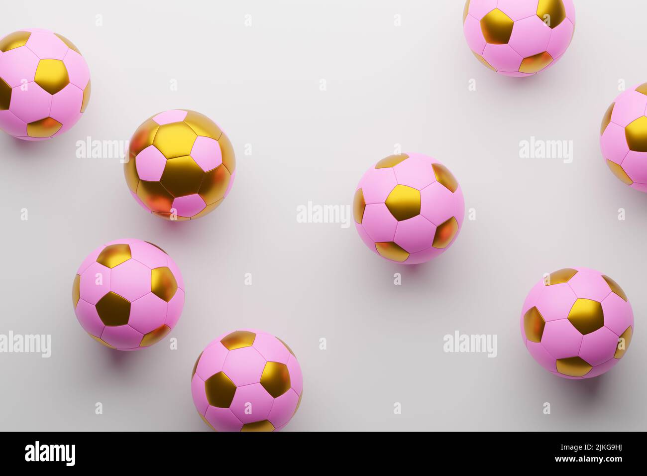 Many pink soccer balls with one golden soccer ball, women s soccer