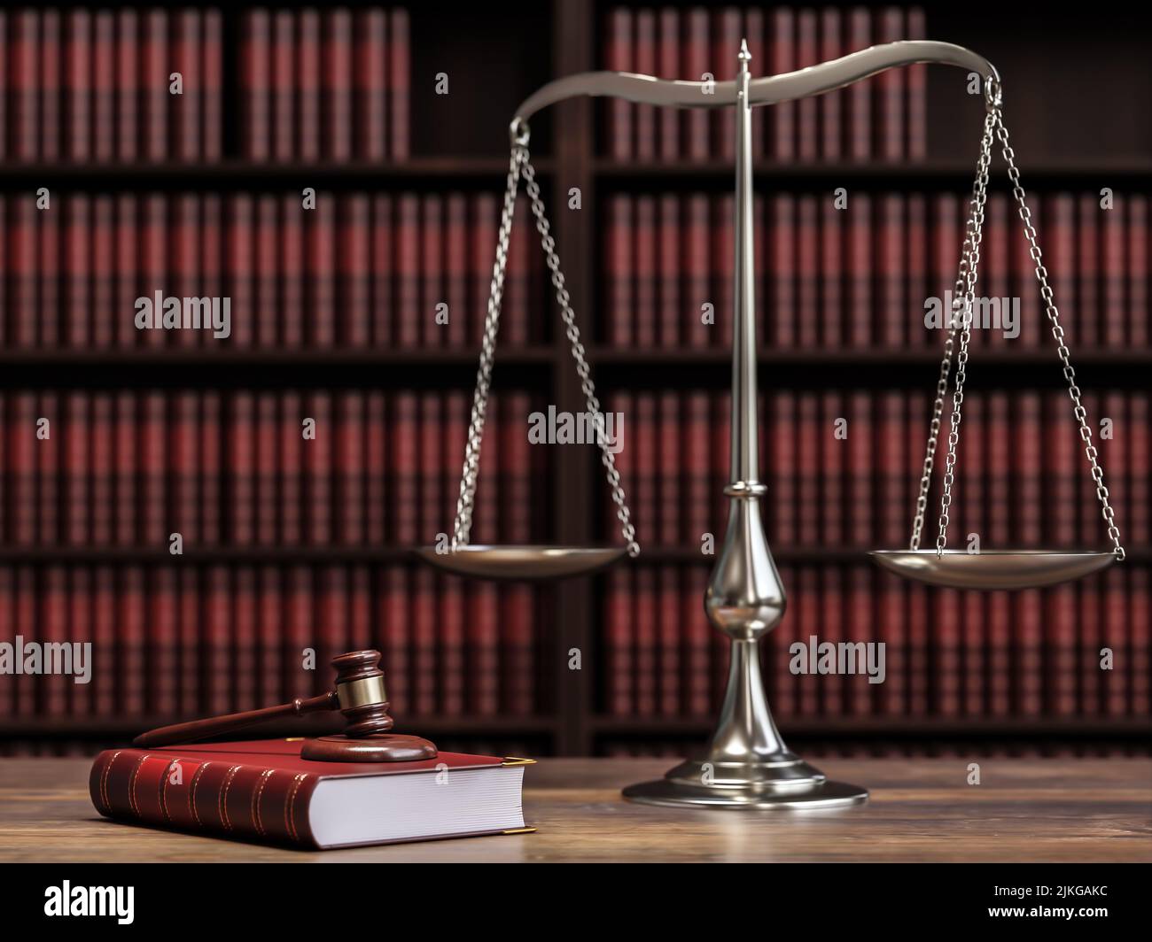 3d rendering of gavel placed on code of justice book, scales placed on wooden table against bookcase full of legal books Stock Photo