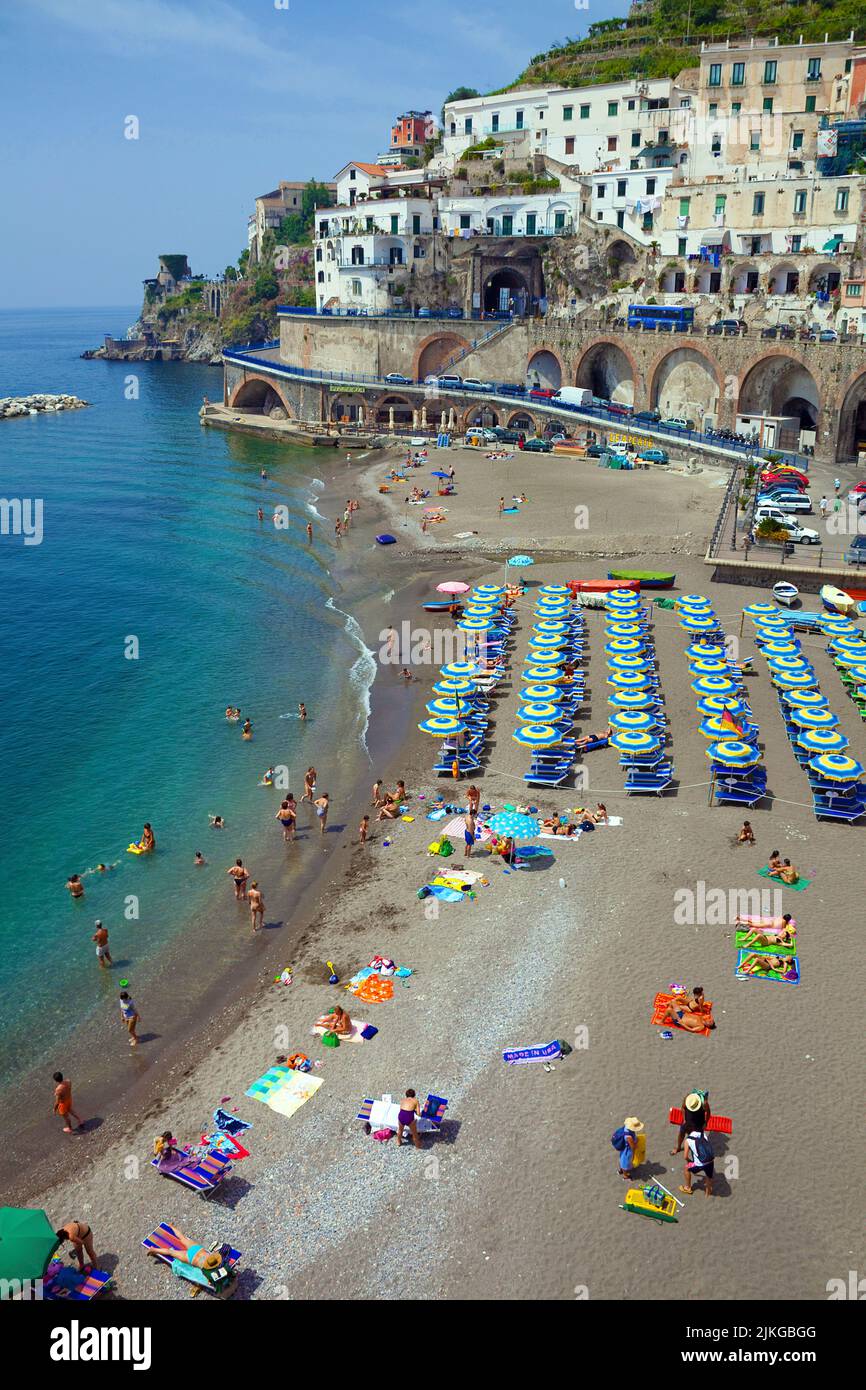 Beach of the village Atrani, Amalfi coast, Unesco World Heritage site, Campania, Italy, Europe Stock Photo