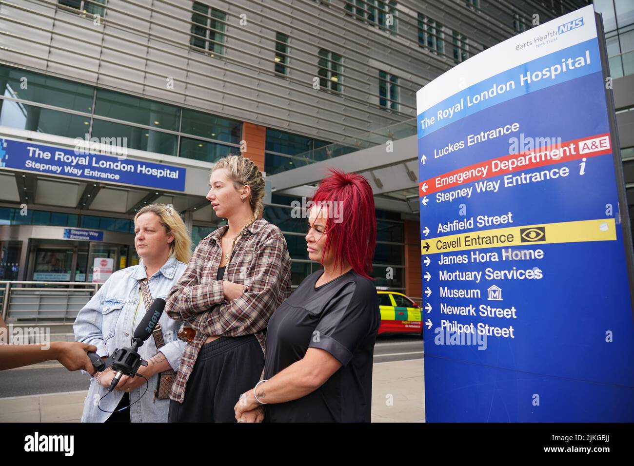 (left to right) Kelly Elliott, Ella Carter, and Jeanette Baldwin, friends of the family of Archie Battersbee, speaking to the media outside the Royal London hospital in Whitechapel, east London. The parents of Archie Battersbee have filed an application to the Supreme Court in a bid to extend his life-sustaining treatment to allow time for a United Nations committee to consider the 12-year-old's case. Picture date: Tuesday August 2, 2022. Stock Photo