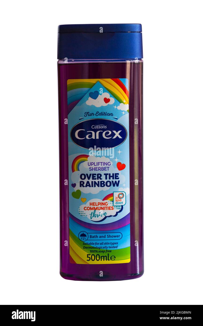 Bottle of Cussons Carex uplifting sherbet over the rainbow bath and shower gel isolated on white background Stock Photo