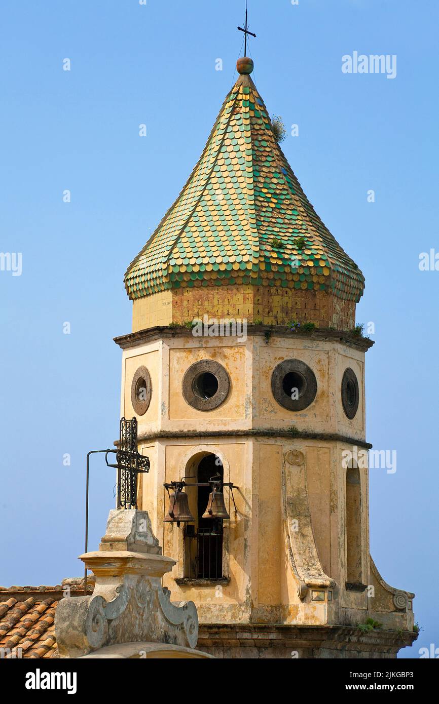 Bell tower of San Gennaro church, village Praiano, Amalfi coast, Unesco World Heritage site, Campania, Italy, Europe Stock Photo