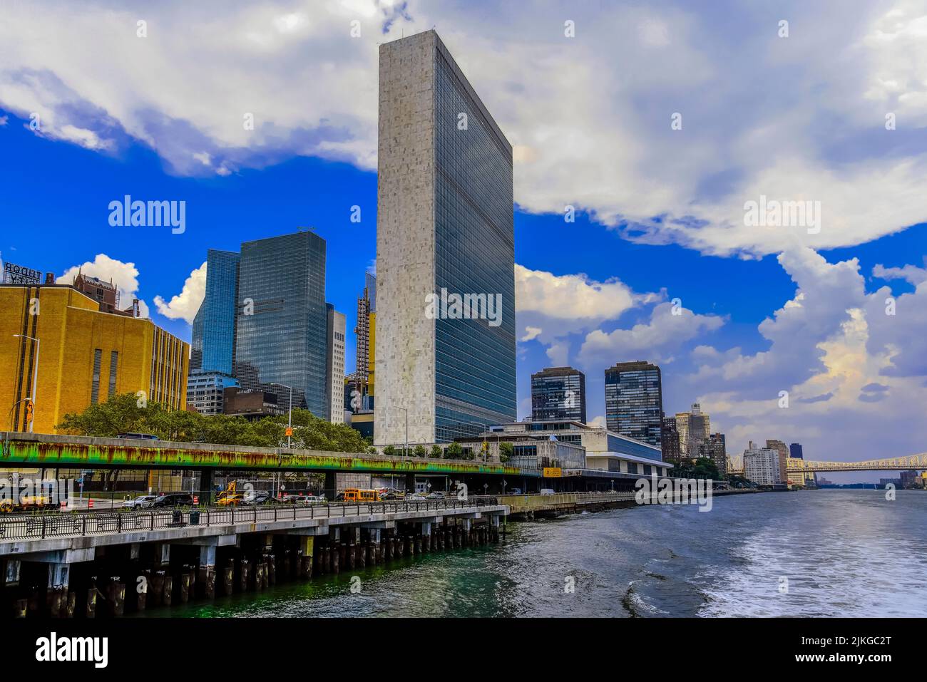 View of Manhattan and UN Headquarters famous Building from East River. New York, USA. Stock Photo
