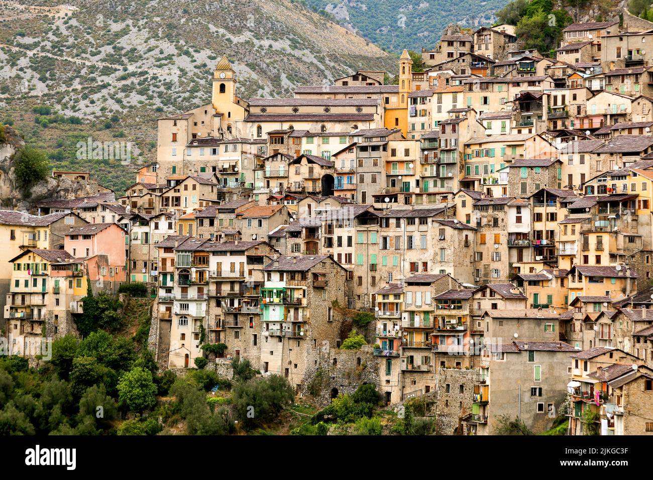 Saorge is a very beautiful medieval town in Alpes-Maritimes department in southeastern France. Stock Photo
