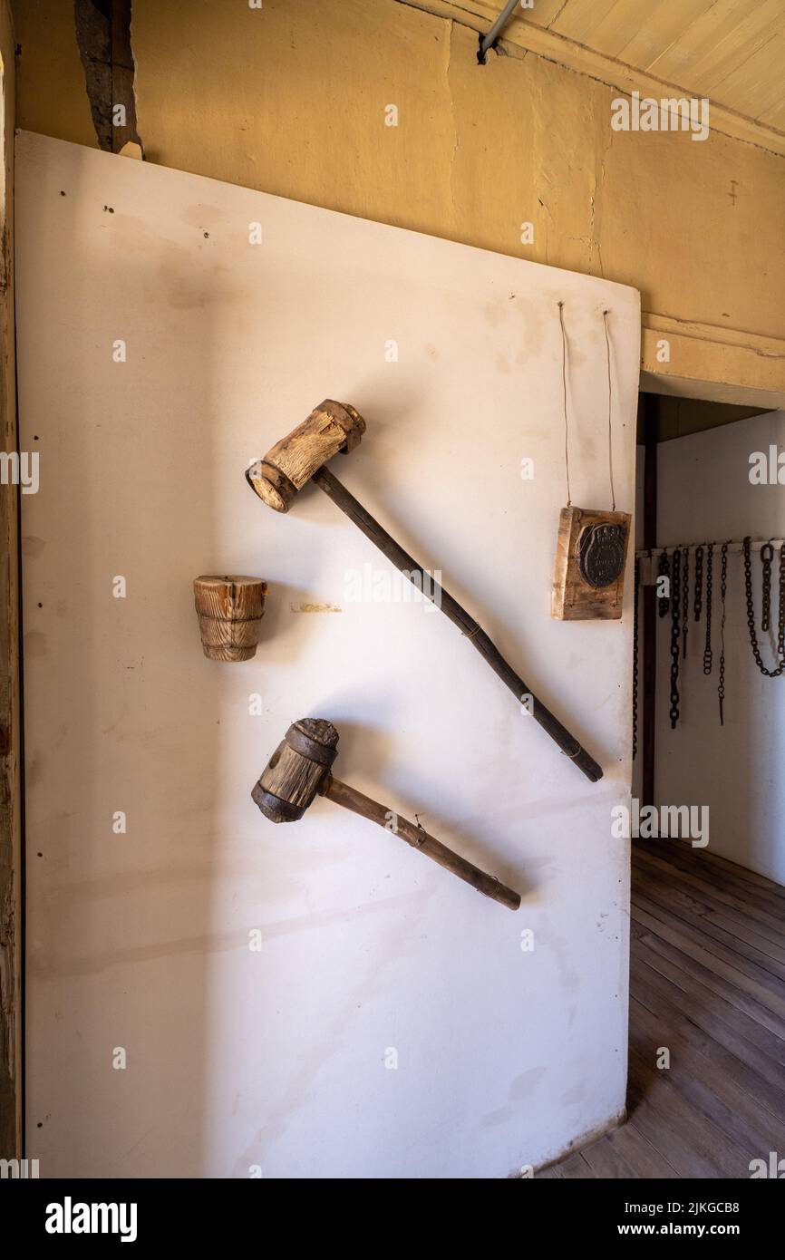 Museum display of tools used in the processing of saltpeter at Humberstone, Chile. Stock Photo