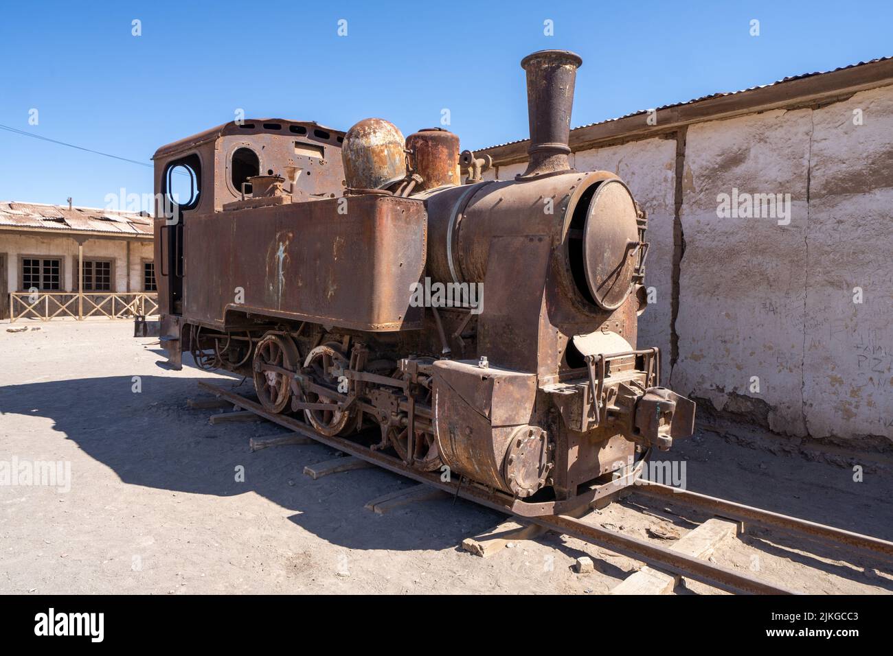 Outdoor museum display of an old steam locomotive used in the saltpeter works in Humberstone, Chile. Stock Photo
