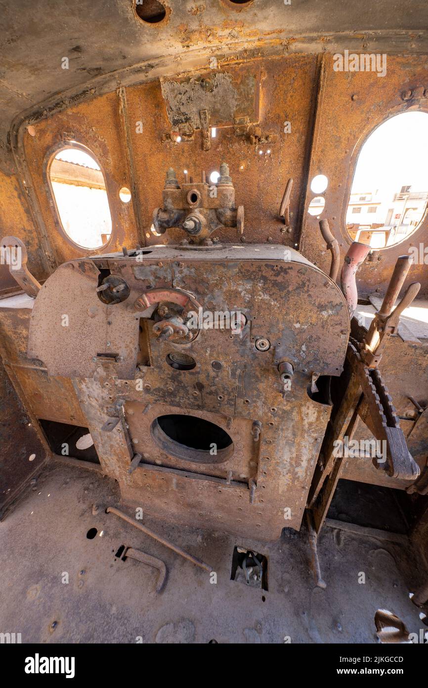 Engine cab and firebox of an old steam locomotive used in the saltpeter works in Humberstone, Chile. Stock Photo