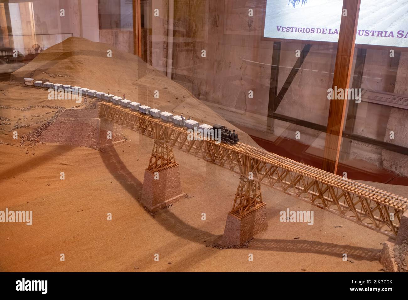 A model of the railroad for hauling processed saltpeter or nitrates to the port for shipping.  Humberstone museum.  Chile. Stock Photo