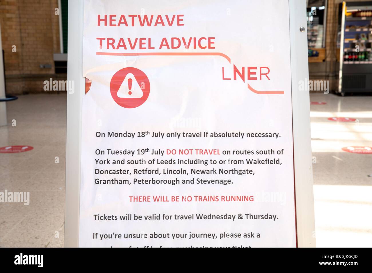 York Railway Station.  LNER cancelled all trains south towards london and Leeds during the Wednesday 19th July because of the extreme temperature that day.  Summer Heatwave in York. A new UK record temperature, of 40.3C was set during the day in Lincolnshire . York,  2022, UK. Stock Photo