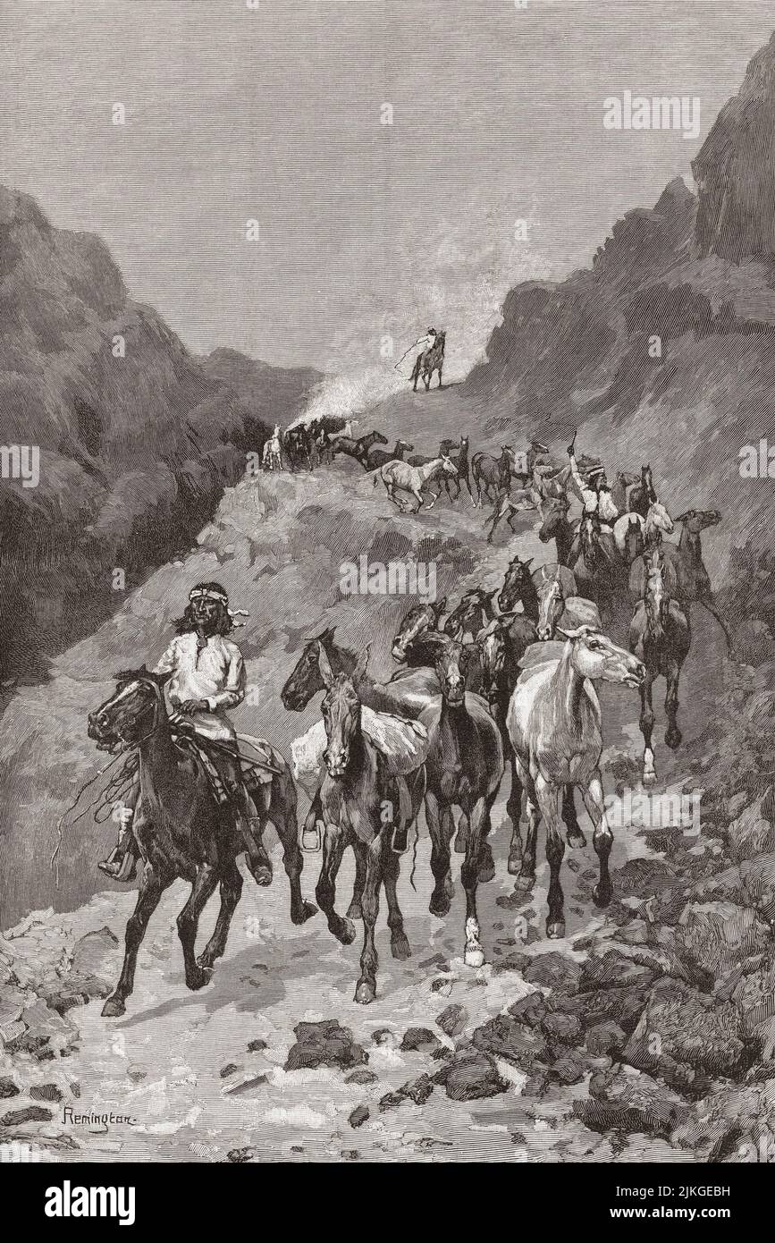 Geronimo and his band returning from a raid into Mexico.  After a work by American artist Frederic Sackrider Remington, 1861 – 1909. Stock Photo