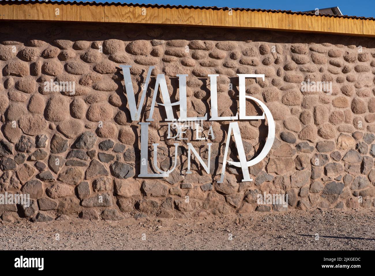 Sign on the visitors center at the entrance to the Valley of the Moon or Valle de Luna near San Pedro de Atacama, Chile. Stock Photo