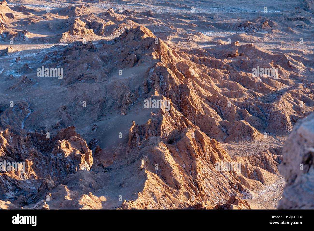 Eroded landscape of the Valley of the Moon or Valle de la Luna from the Coyote Rock Overlook, San Pedro de Atacama, Chile. Stock Photo