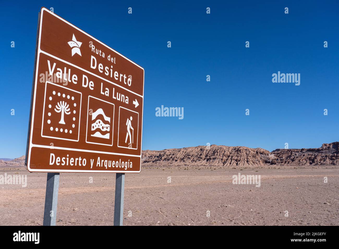 Road sign for the Ruta del Desierto to the Valley of the Moon or Valle de Luna near San Pedro de Atacama, Chile. Stock Photo