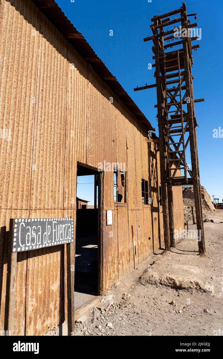 The powerhouse building at the Salitrera Santa Laura saltpeter plant.  Humberstone, Chile. Stock Photo