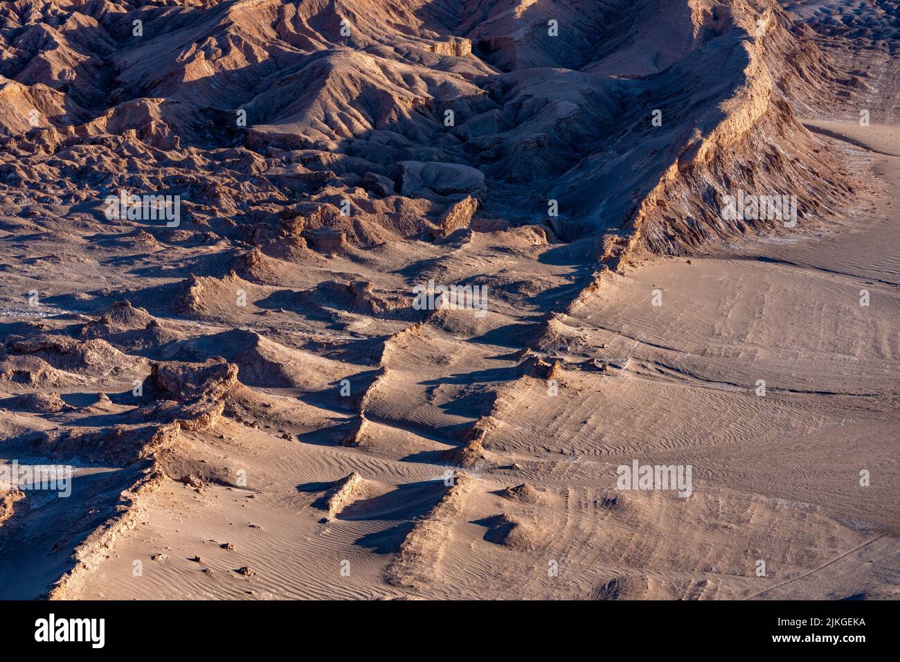 Eroded landscape of the Valley of the Moon or Valle de la Luna from the Coyote Rock Overlook, San Pedro de Atacama, Chile. Stock Photo