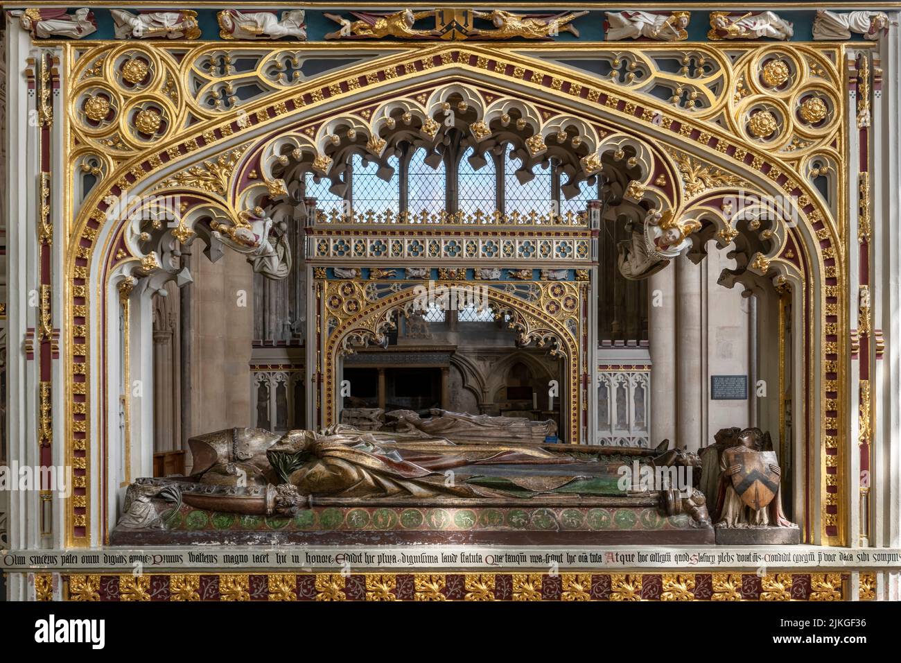 The effigy of Bishop Walter Branscombe lies under an ornate canopy, on the opposite side of the Lady Chapel to the matching monument to Bishop Edmund Stock Photo