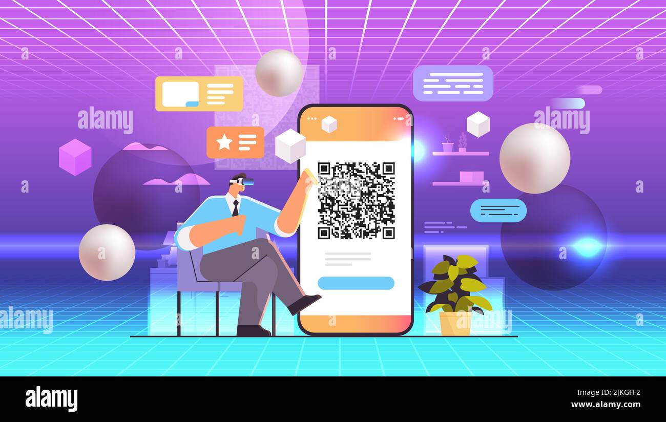 businessman in virtual reality glasses scanning QR code on smartphone