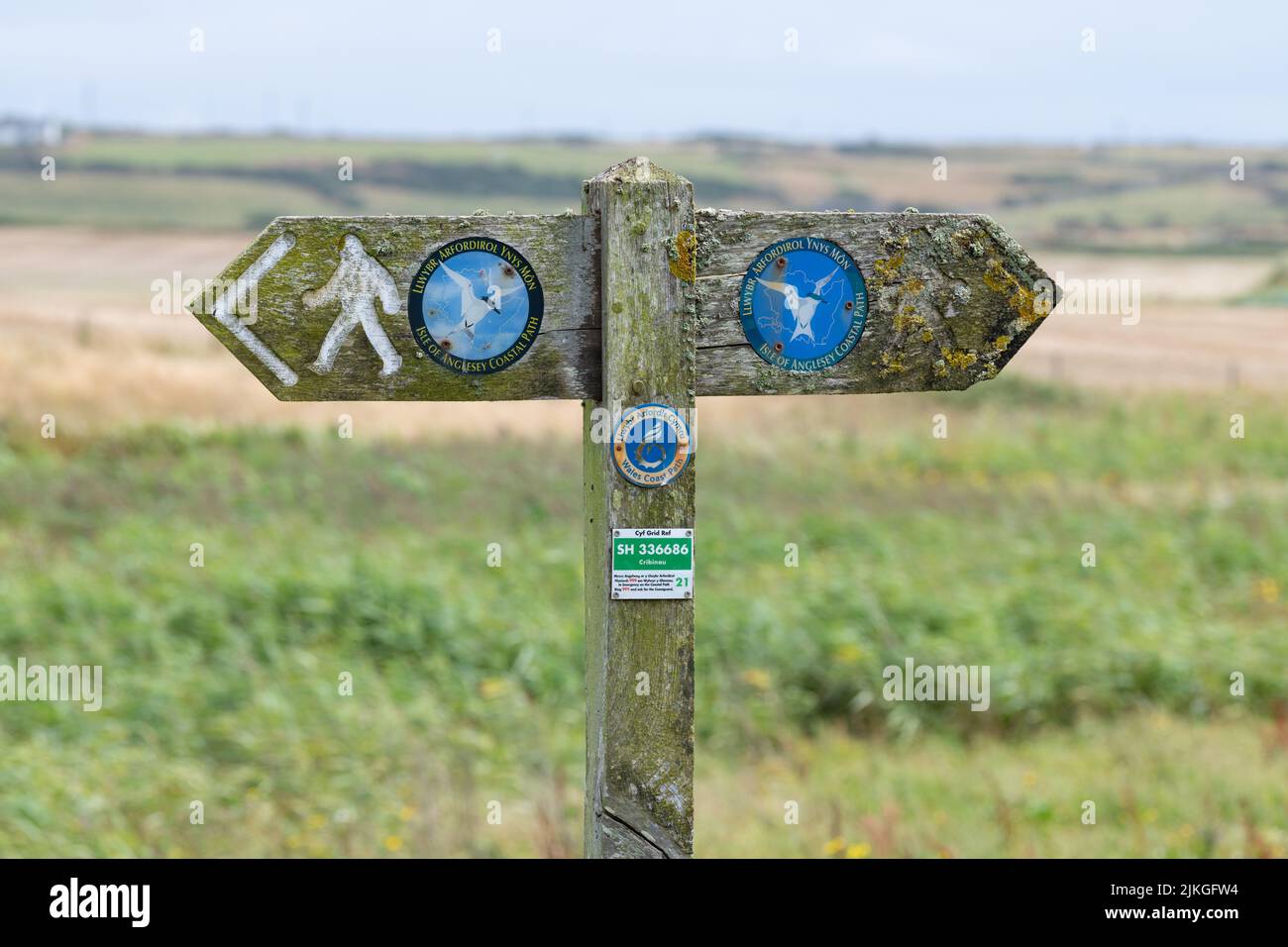 Isle of Anglesey Coastal Path, Wales Coast Path and grid reference on footpath marker, Anglesey, Wales Stock Photo