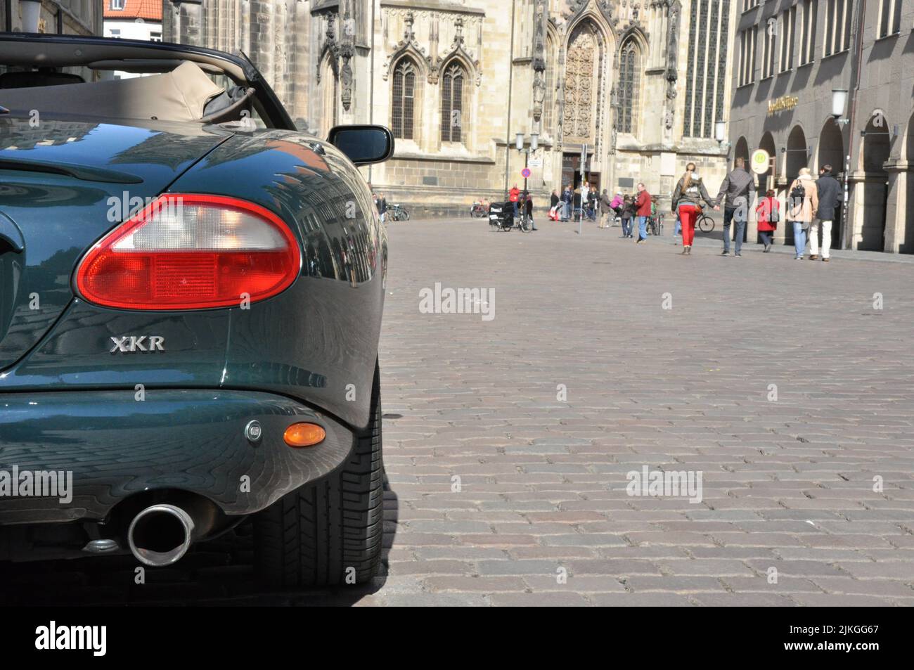 A green Jaguar XKR Convertible in the old town Stock Photo