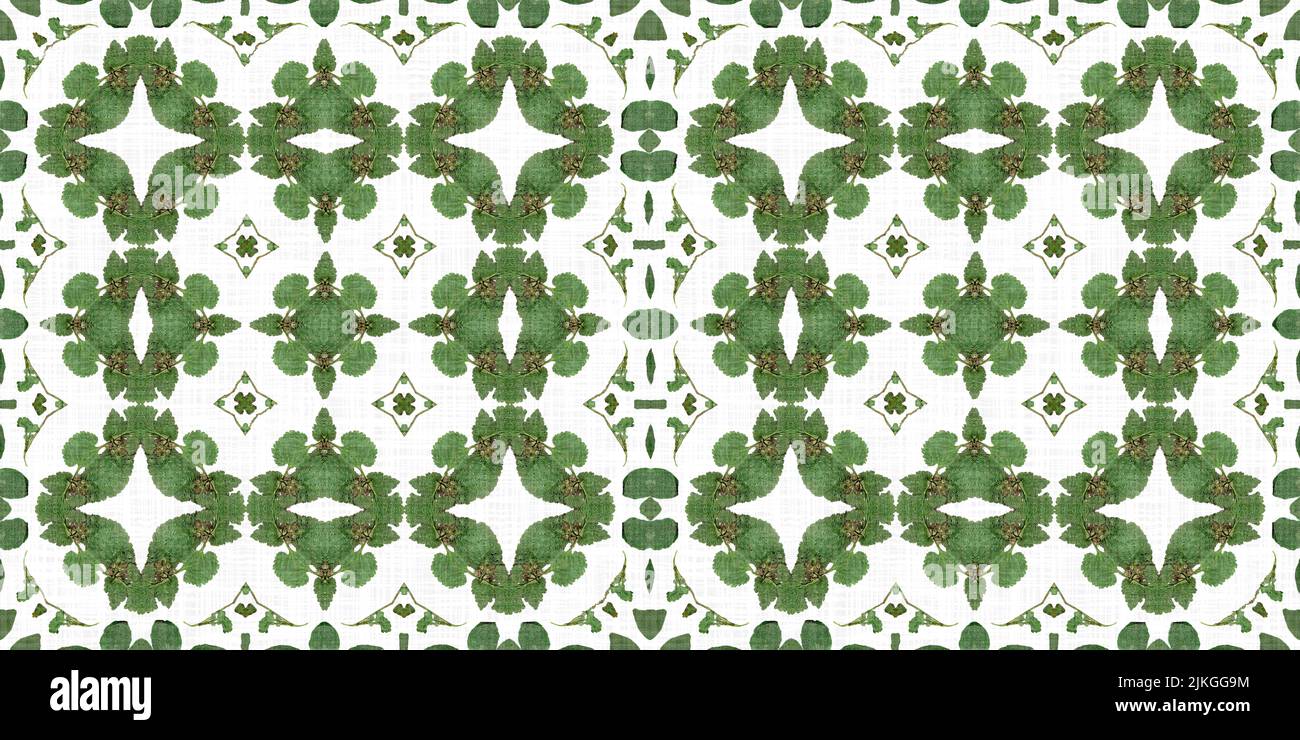 Foliage kaleidoscope seamless border pattern. Trendy optic fresh design for edging fabric. Geometric leaf abstract textile banner tape design.  Stock Photo